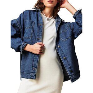 Women Jean Jacket Oversized Shacket Denim Jacket Button Down Boyfriend Dark Blue
